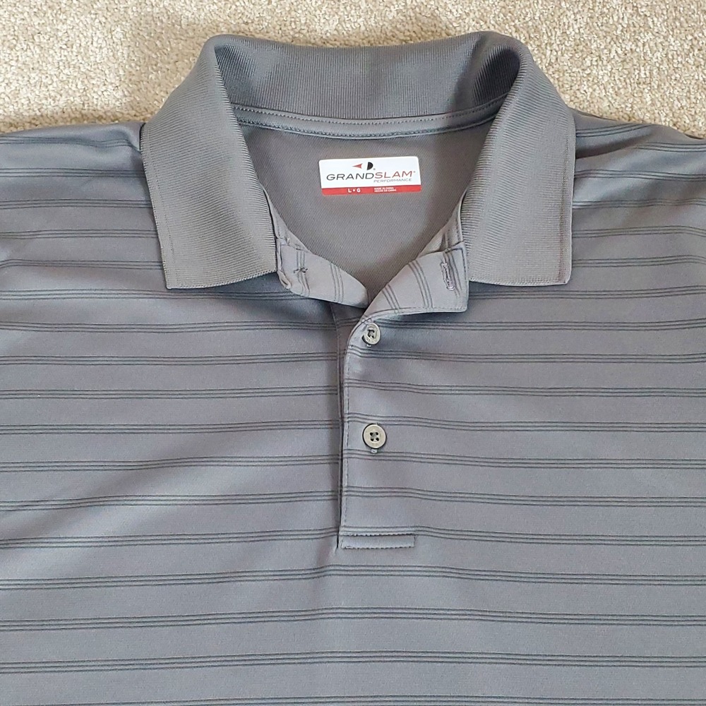 Grand Slam Performance Men's Polo Shirt Size Large Short Sleeve Gray Stripe